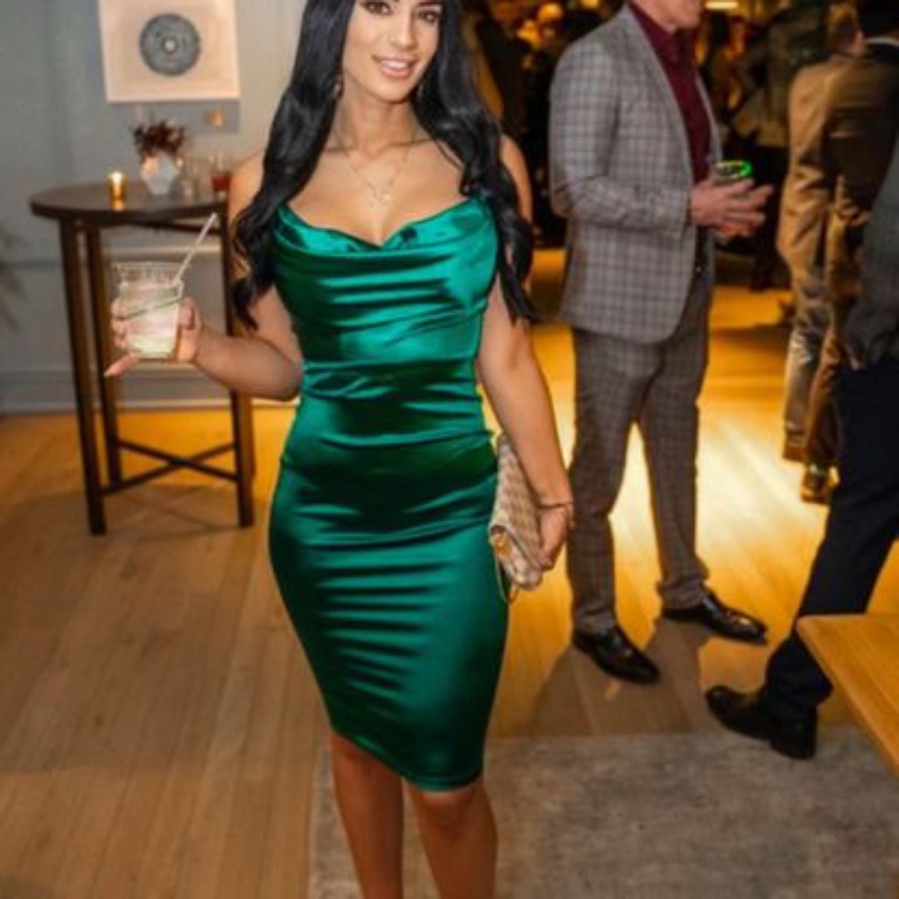 Hello Molly, satin emerald green dress, cowl neck, extra small